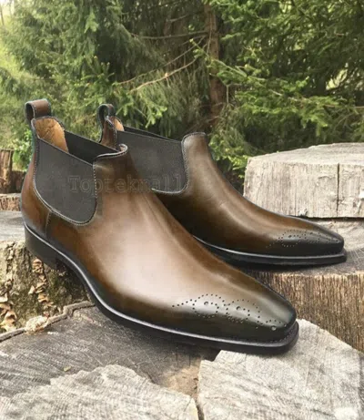Pre-owned Handmade Men's Leather Half Ankle Chelsea Dark Brown Leather Chelsea Boots-622