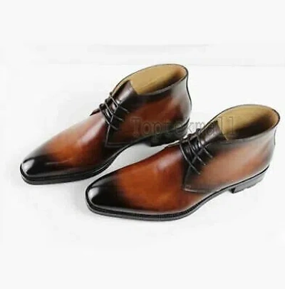 Pre-owned Handmade Men's Leather Hand Painted Lace Up Chuka High Ankle Stylish Boots-586 In Brown