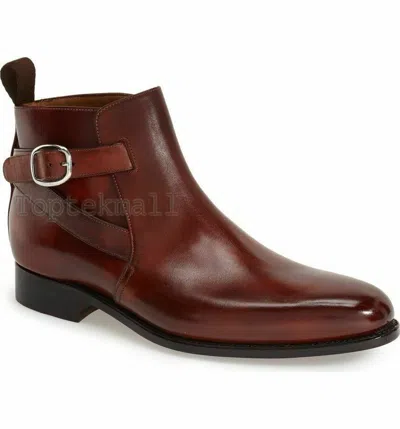 Pre-owned Handmade Men's Leather Jodhpur Style Real Leather Brown Ankle Boots-670
