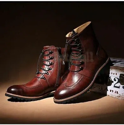 Pre-owned Handmade Men's Leather Lace Up Classic Maroon Ankle High Fashion Boots-537 In Red