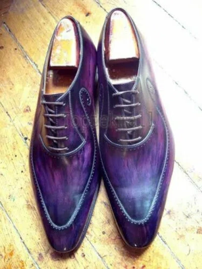 Pre-owned Handmade Men's Leather Lace Up Purple Patina Oxford Dress Fashion Shoes-975