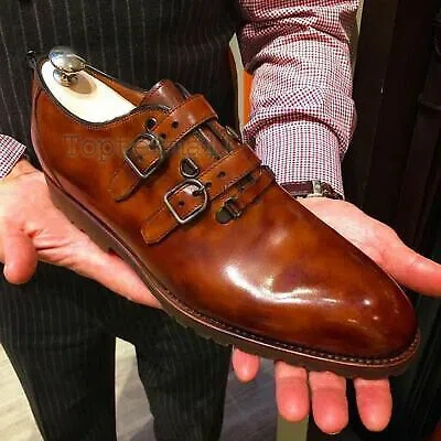 Pre-owned Handmade Men's Leather Latest Style Unique Dress Formal Monk Straps Shoes-323 In Brown