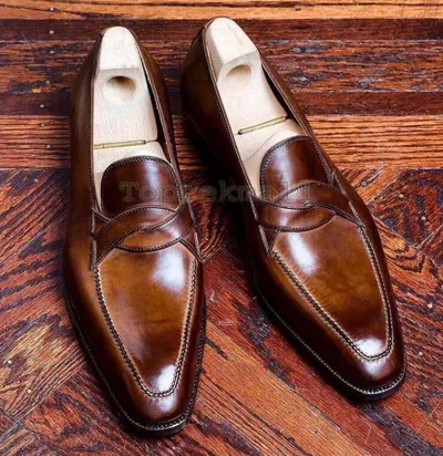 Pre-owned Handmade Men's Leather Loafer Slip Ons Dress Burnished Patina Brown Shoes-730