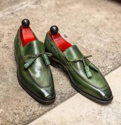 Pre-owned Handmade Men's Leather Loafers & Slip Ons Tussle Dress Formal Green Shoes-487