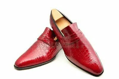 Pre-owned Handmade Men's Leather Loafers Slip Ons Crocodile Texture Red Shoes-459