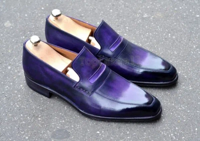 Pre-owned Handmade Men's Leather Loafers Slip Ons Purple Stylish Classic Formal Shoes-1011