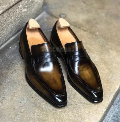 Pre-owned Handmade Men's Leather Loafers Super Elegant Green Patina Dual Tone Shoes-330 In Two Tone