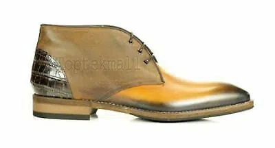 Pre-owned Handmade Men's Leather Luxury Dress Brown Patina Ankle High Boots-514