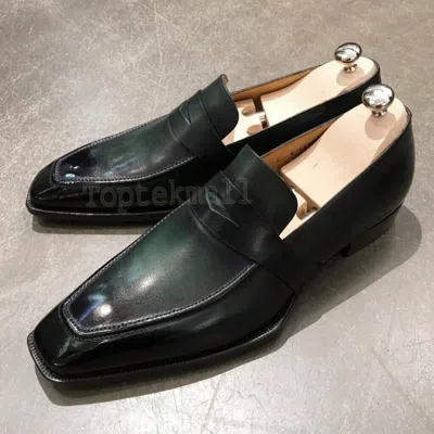 Pre-owned Handmade Men's Leather Luxury Fashion Black Loafer Slip On Moccasins Shoes-228