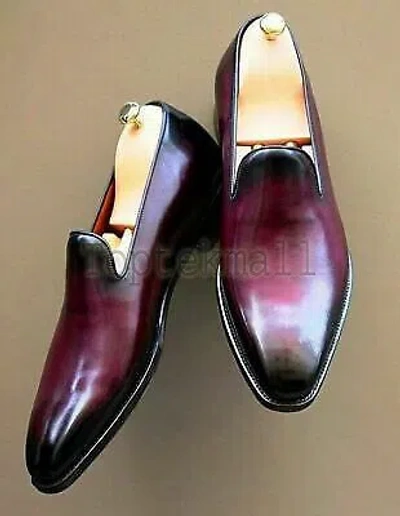 Pre-owned Handmade Men's Leather Luxury Ox Blood Patina Loafers Custom Made Shoes-504 In Purple