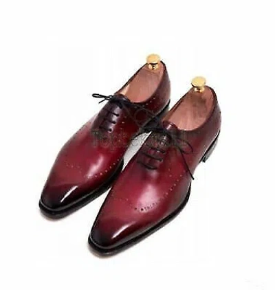 Pre-owned Handmade Men's Leather Maroon Patina Classic Oxfords Custom Dress Shoes-424 In Red