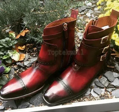 Pre-owned Handmade Men's Leather Maroon Two Tone Cap Toe Patina High Ankle Boots-627 In Red