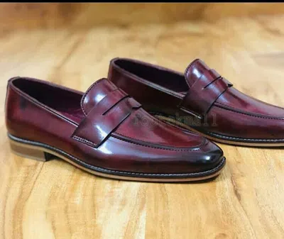 Pre-owned Handmade Men's Leather Moccasins Burgundy Loafers And Slip Ons Stylish Shoes-438 In Red