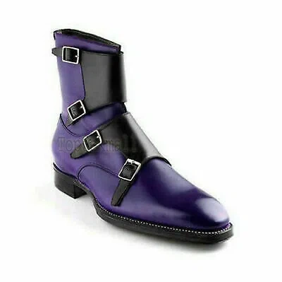 Pre-owned Handmade Men's Leather Monk Strap Ankle Navy Ankle High Casual Wear Boots-609 In Purple
