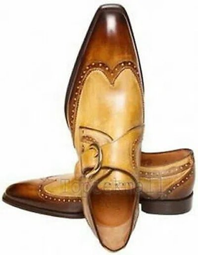 Pre-owned Handmade Men's Leather Monk Straps Two Tone And Brown Dress Shoes-157