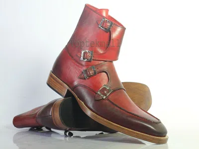 Pre-owned Handmade Men's Leather Monk Two Tone Red Ankle High Dress Stylish Boots-724