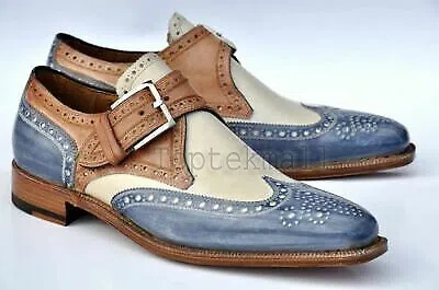 Pre-owned Handmade Men's Leather Monks Classic Unique Color Combination Brogues Shoes-288 In Multicolor