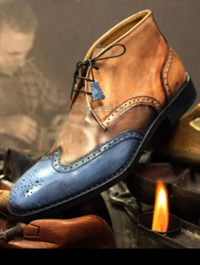 Pre-owned Handmade Men's Leather Multicolor Ankle High Fashion Dress Lace Up Boots-905