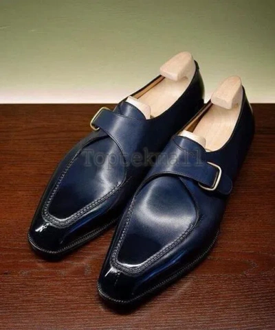 Pre-owned Handmade Men's Leather Navy Blue Formal Single Monk Straps Stylish Shoes-352