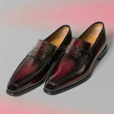 Pre-owned Handmade Men's Leather Ox Blood Patina Classic Loafers Slip Ons Custom Shoes-762 In Red