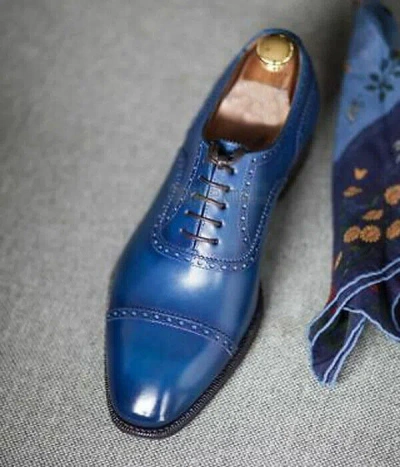 Pre-owned Handmade Men's Leather Oxford Blue Pointed Cap Toe Lace Up Stylish Shoes-794