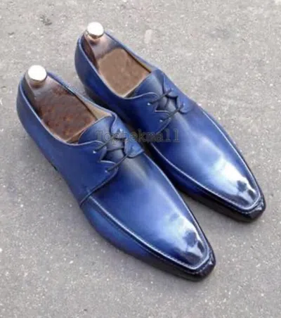 Pre-owned Handmade Men's Leather Oxford Blue Stylish Dress Formal High Quality Shoes-484