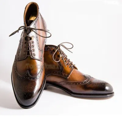 Pre-owned Handmade Men's Leather Oxford Brogue Wingtip Marching Derby Burnished Boots-21 In Brown