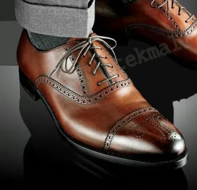 Pre-owned Handmade Men's Leather Oxford Designer Wing Tip Brogues Brown Formal Shoes-807