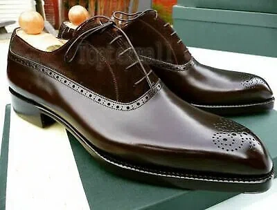 Pre-owned Handmade Men's Leather Oxford Medallion Toe Suede Lace Up Fashion Shoes-816 In Brown