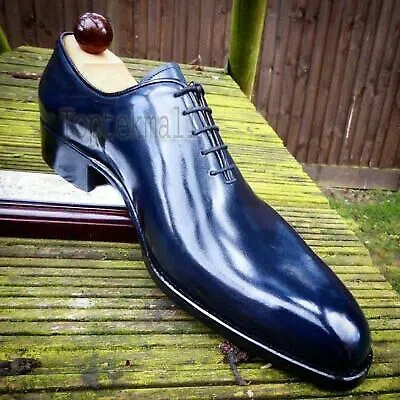 Pre-owned Handmade Men's Leather Oxford Shiny Blue Plain Rounded Burnished Toe Shoes-810