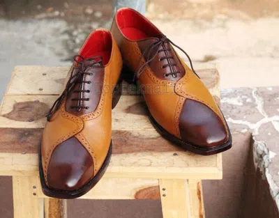 Pre-owned Handmade Men's Leather Oxford Two Tone Brown Tan Lace Up Stylish Shoes-803