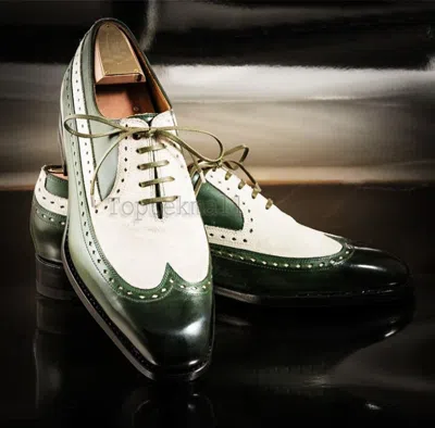 Pre-owned Handmade Men's Leather Oxford Two Tone Green White Wingtip Top Quality Shoes-378
