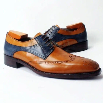 Pre-owned Handmade Men's Leather Oxford Wingtip Blue Brown Two Tone Formal Dress Shoes-572
