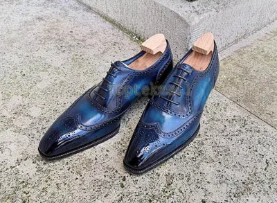 Pre-owned Handmade Men's Leather Oxford Wingtip Brogue Dark Blue Super Stylish Shoes-679