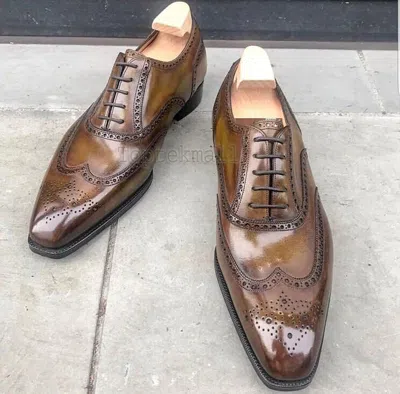 Pre-owned Handmade Men's Leather Oxford Wingtip Brown Formal Dress Brogue Toe Cap Shoes-17
