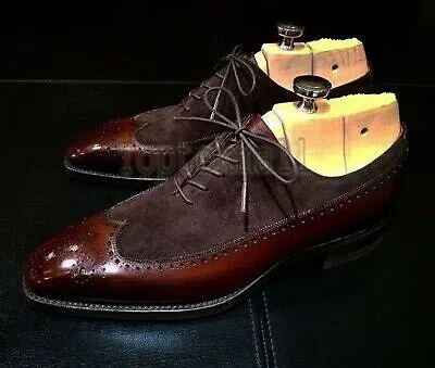 Pre-owned Handmade Men's Leather Oxford Wingtip Top Quality Brown Formal Dress Shoes-380