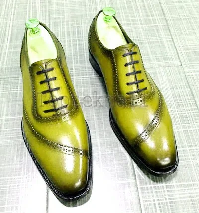 Pre-owned Handmade Men's Leather Oxford Wingtip Yellow Derby Whole Cut Dress Shoes-74