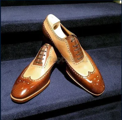 Pre-owned Handmade Men's Leather Oxfords Beige Brown Stylish Wingtip Office Shoes-659