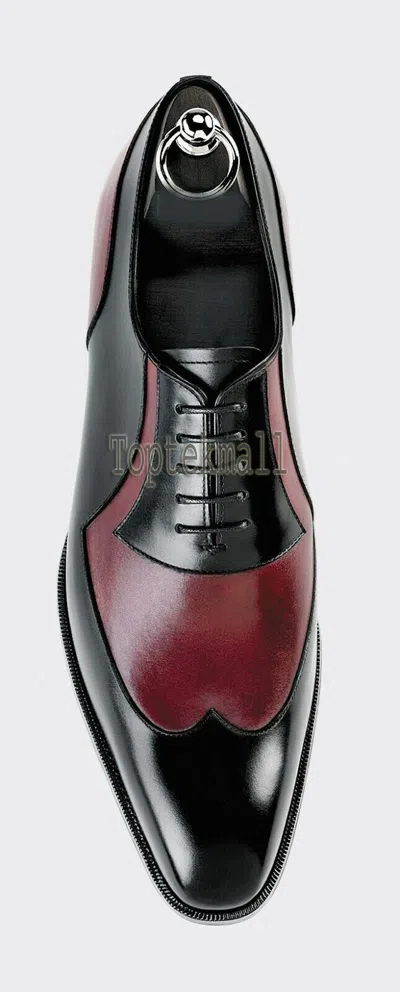 Pre-owned Handmade Men's Leather Oxfords Black Maroon Formal Dress Wingtip Shoes-400 In Two Tone