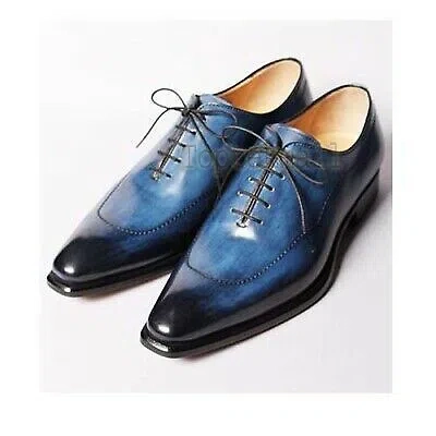 Pre-owned Handmade Men's Leather Oxfords Blue Burnished Pointed Toe Wingtip Shoes-310