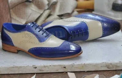 Pre-owned Handmade Men's Leather Oxfords Blue White Brogues Super Dress Wingtip Shoes-353