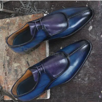 Pre-owned Handmade Men's Leather Oxfords Blue Wingtip Stylish Dress Formal Shoes-41