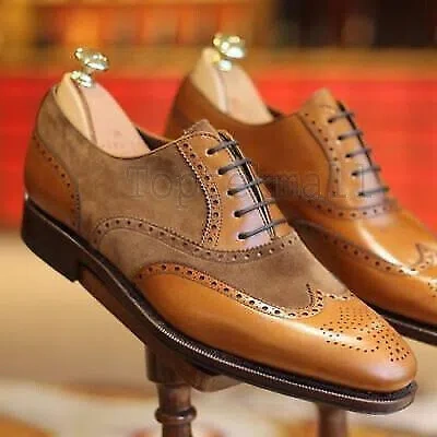 Pre-owned Handmade Men's Leather Oxfords Brogue Suede Plain Combo Top Quality Shoes-822 In Brown