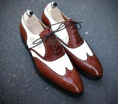 Pre-owned Handmade Men's Leather Oxfords Brogue Toe Party Wear Two Tone Shoes-852