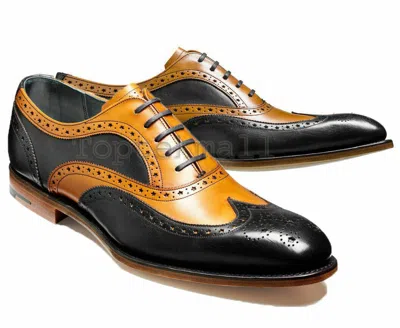 Pre-owned Handmade Men's Leather Oxfords Brogues Two Tone Custom Made Dress Shoes-827 In Black & Tan