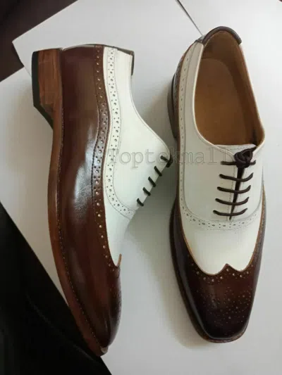 Pre-owned Handmade Men's Leather Oxfords Brown And White Spectators Wingtip Shoes-359