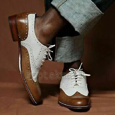 Pre-owned Handmade Men's Leather Oxfords Brown & White Top Spectators Wingtip Shoes-401