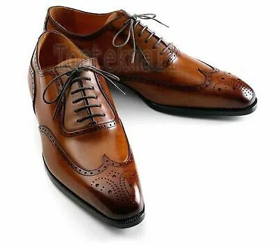 Pre-owned Handmade Men's Leather Oxfords Brown Brogue Burnished Medallion Shoes-689