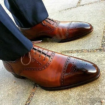Pre-owned Handmade Men's Leather Oxfords Brown Brogue Burnished Toe Two Tone Shoes-839
