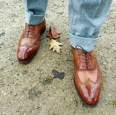 Pre-owned Handmade Men's Leather Oxfords Brown Brogue Formal Dress Stylish Shoes-440